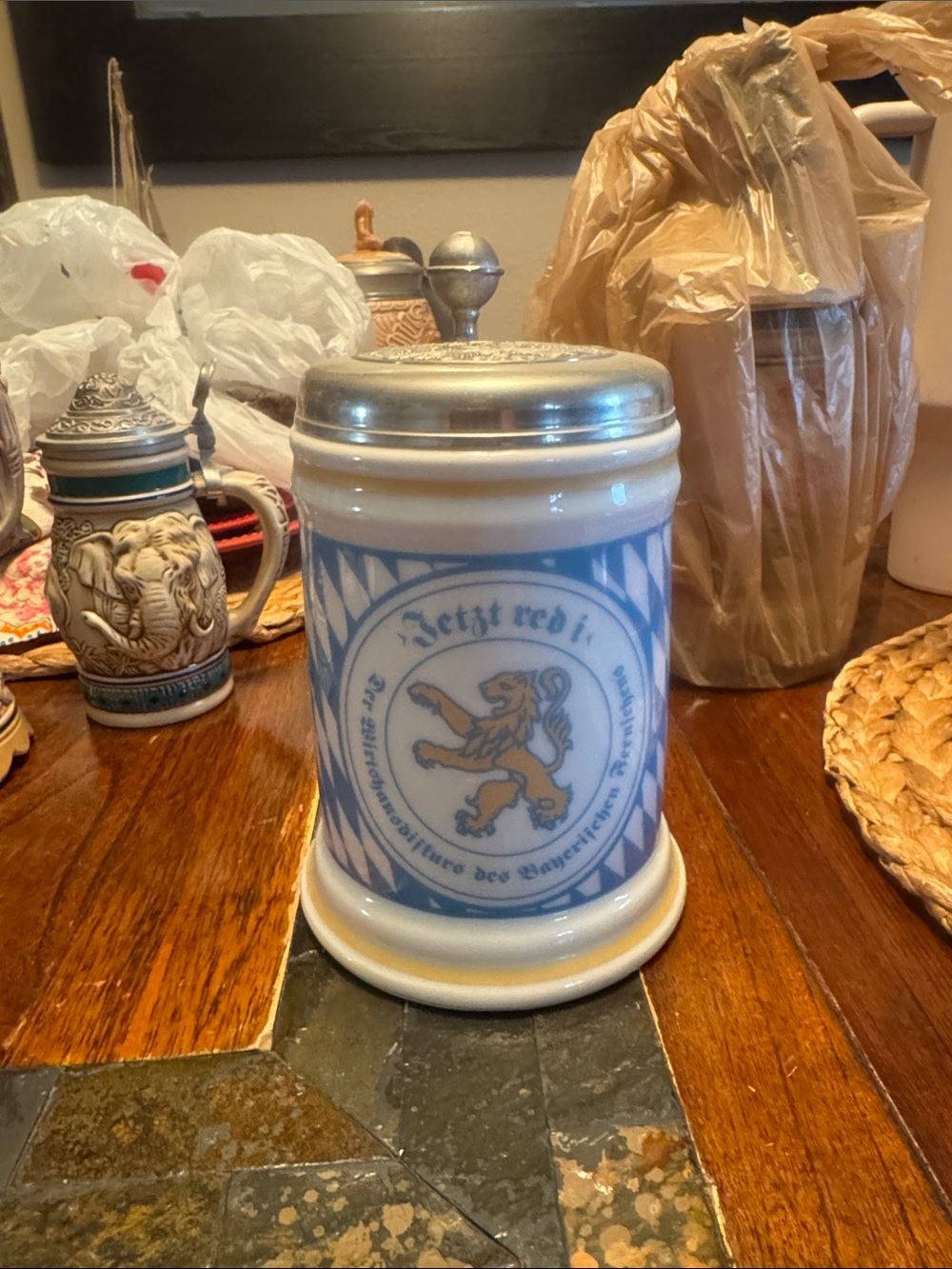 Ceramic Beer Stein with Pewter Lid - Blue and White Lion Design